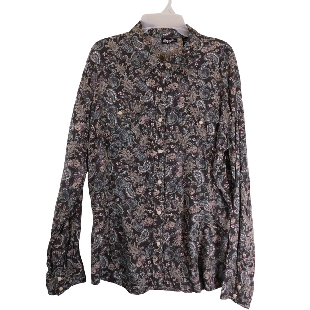Wrangler Retro Mens XL Paisley Western Pearl Snap Shirt Rayon Collar Long Sleeve
